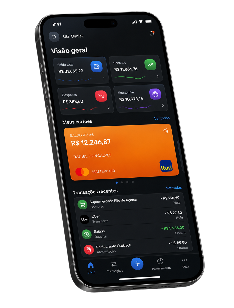 App OrganizaSy mostrando dashboard financeiro